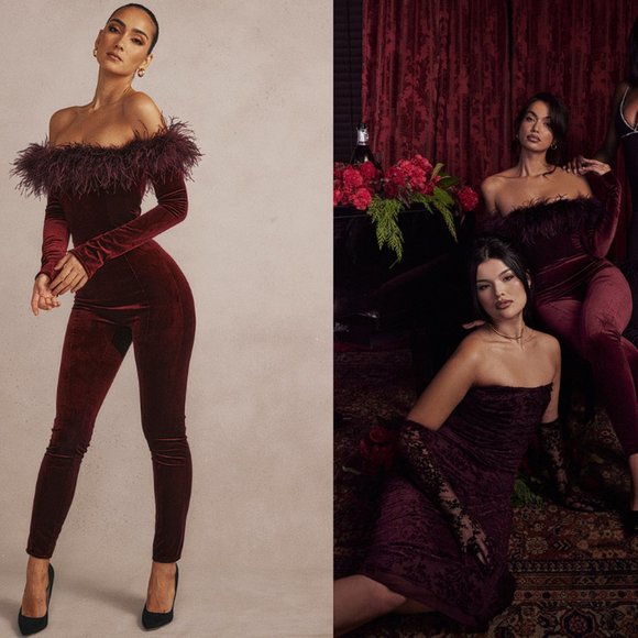 House of CB 'Salima' Dark Cherry Velvet Feather Jumpsuit NWT
